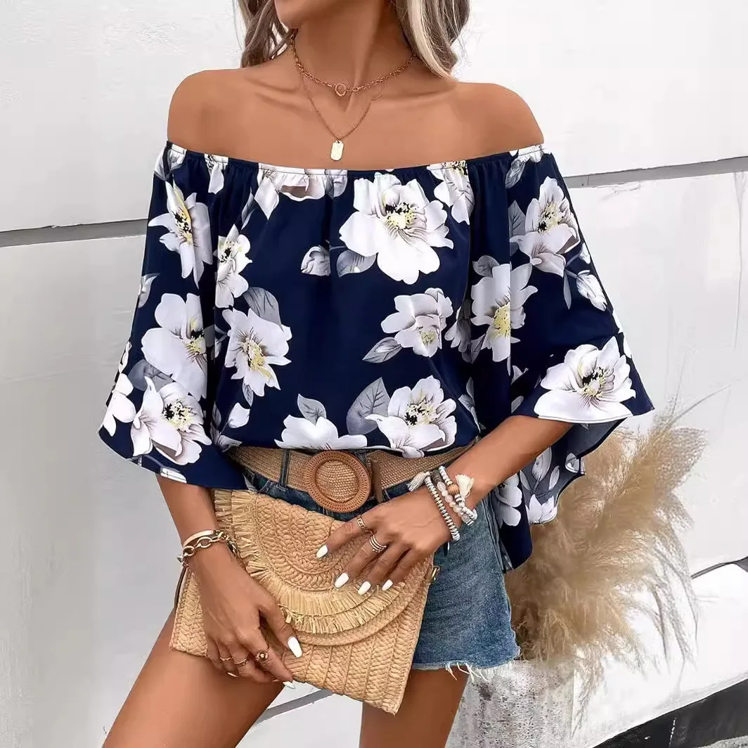 Summer New Style Floral One-line Neckline Off-shoulder Trumpet Sleeves Fashionable Loose Top Women's Shirt Blusas De Verano