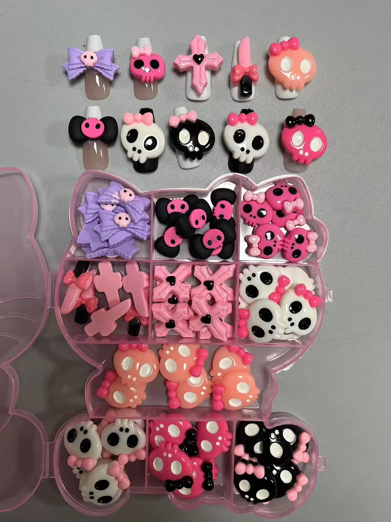 60Pcs Cute Pink Skull Girl Bow Scream Heart Large XXXL Long Nail Art Decoration Accessories Halloween Diy Phone Case Charms