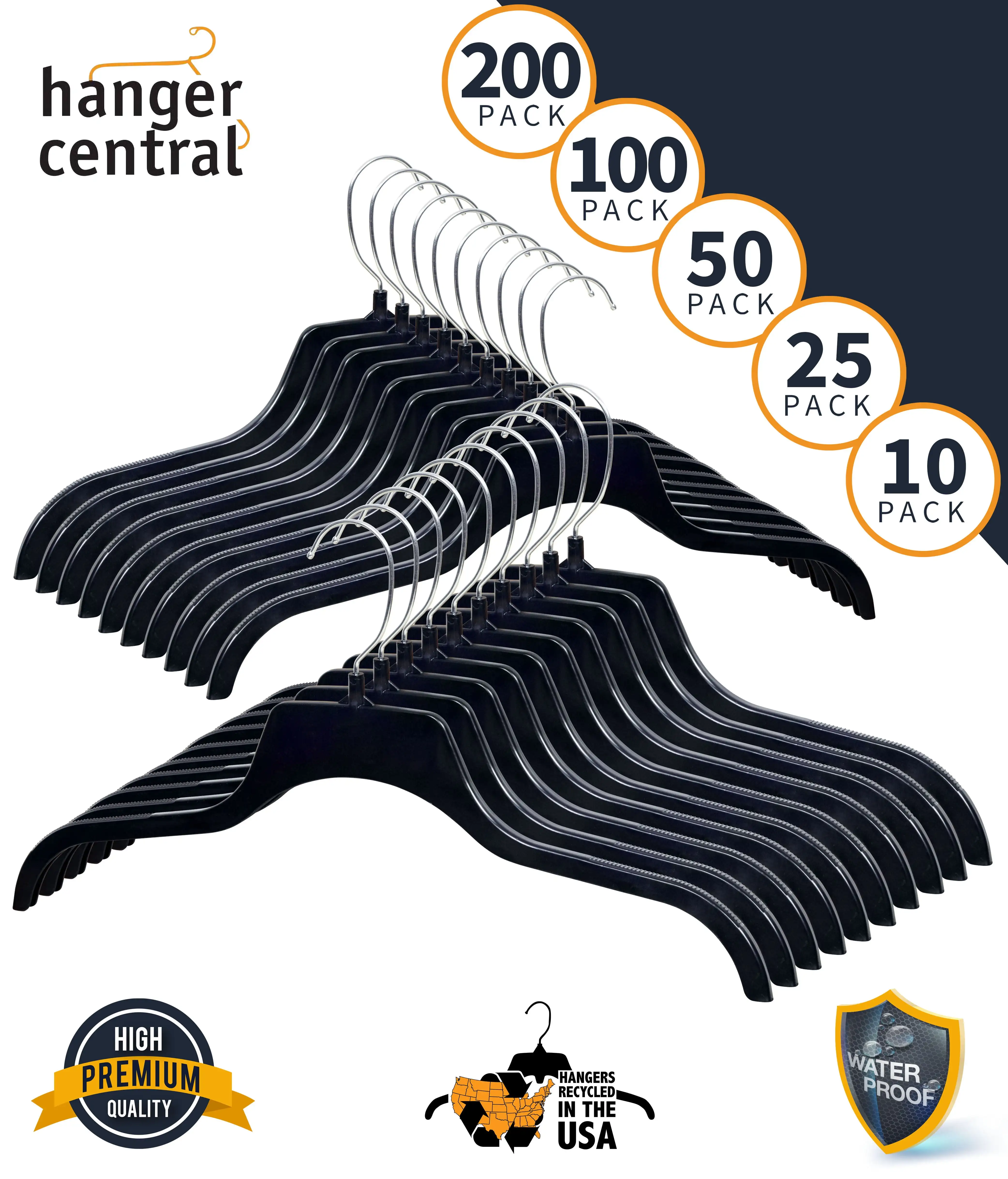 

Black Heavy Duty Recycled Plastic Non Slip Sweater Garment Hangers with Polished Metal Swivel Hooks, 19 Inch, 100 Pack