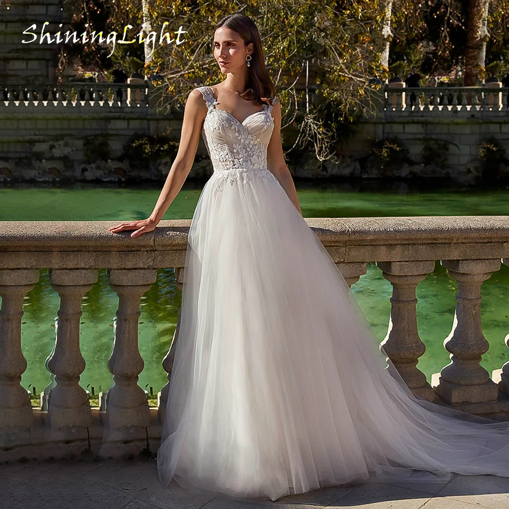 

ShiningLight Boho A Line Bridal Gowns Backless V Neck Appliques Tulle Wedding Dress vestidos de fiesta elegantes Customized