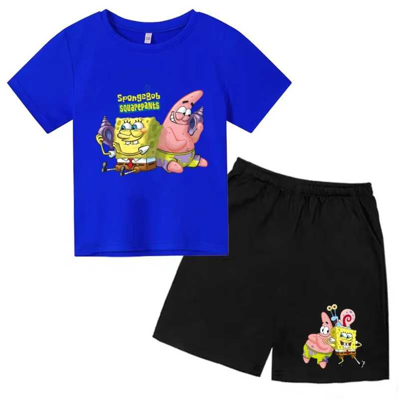 Kids 3-12 Years Summer Anime SpongeBob SquarePants Fashion T-shirt Boys Girls Toddler Short-sleeved+Shorts Casual Sportswear Set