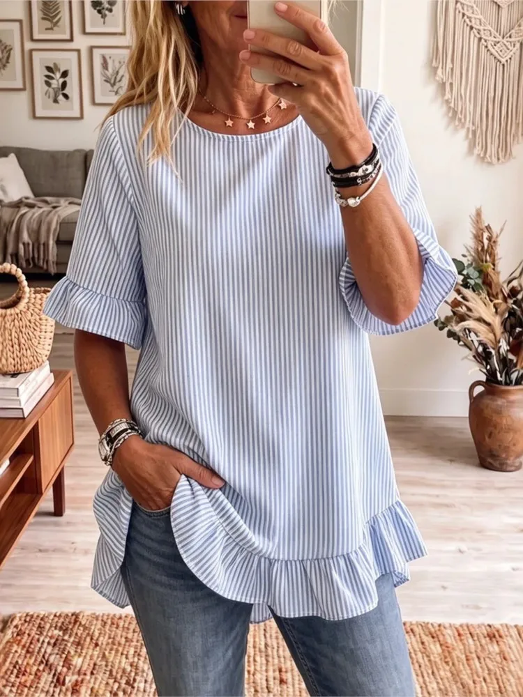 

Summer Women's Shirt Quarter Sleeve Striped Loose Casual Ruffle Shirt New Fashion Elegant Office Holiday Womens Tops And Blouses