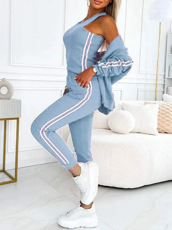 

Sporty Casual 3 Pieces Set Women Long Sleeve Stripes Jacket Suit Autumn Skinny Tank Tops And Coat Pants Sets Women Tracksuit