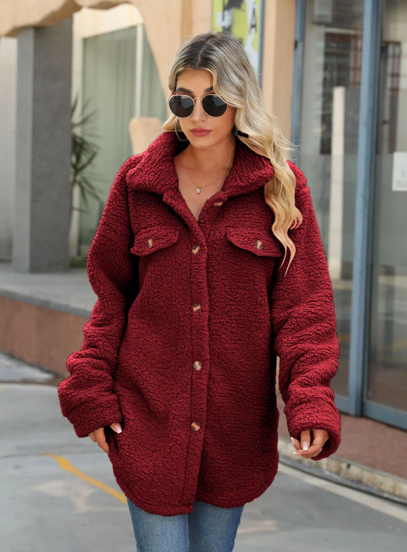 Women's clothing winter women's warm jacket with lapel long sleeved loose breasted fake pocket no ironing long plush jacket