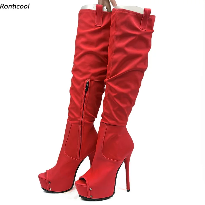 

Ronticool/Новое поступление, женские весенние сапоги до колена, атласная боковая молния, туфли на шпильке с открытым носком, красные, зеленые туфли для вечеринок, размеры США 5-20
