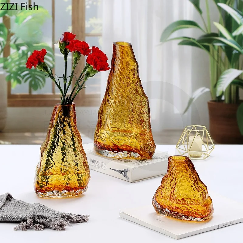 Amber Mountain Shaped Glass Vase Small Mouth Decorative Vases Ornament Flower Arrangement Floral Vase Hydroponic Vases Crafts