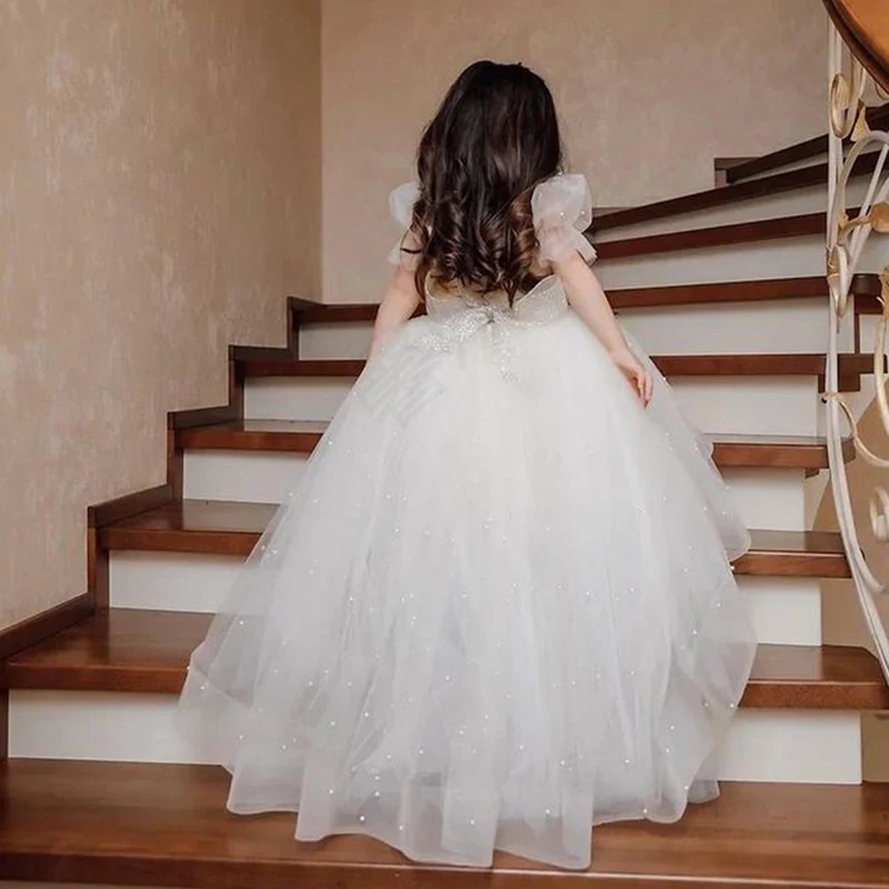 

Pearl Tulle Flower Girl Dress Short Sleeve Hight-Low For Wedding Birthday Ball Gown First Holy Communion Dresses