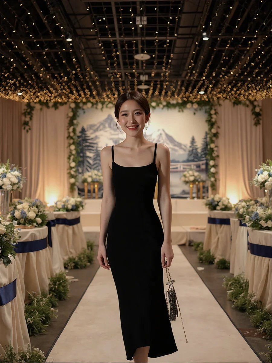 Women'S Elegant Chic Woman Evening Dress Black Slim Summer Bodycon Tight-Fitting Sheath Pencil Column Fitted Slims Hugging