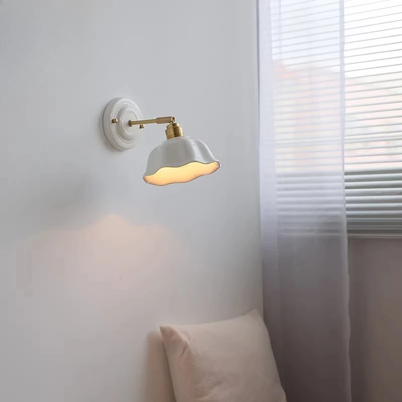 

White Ceramic LED Wall Lamps Copper Arm Socket Bedroom Living Room Beside Restaurant Aisle Wall Lights Modern Minimalist Sconces