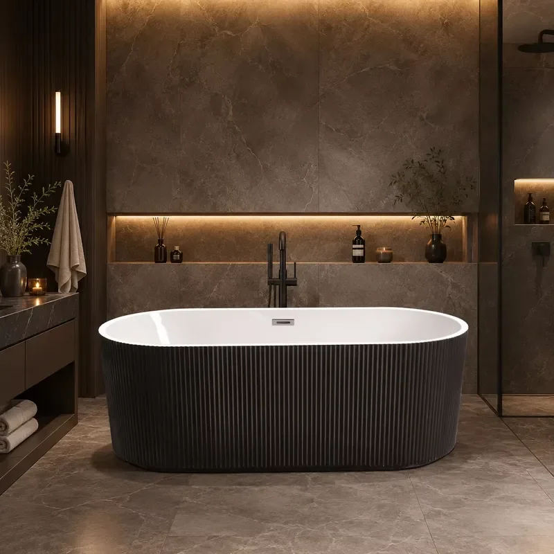1700mm Freestanding Acrylic Bathtub Oval Two Tone Black Vertical Groove Design Luxury Hotel Project Bathroom Soaking Tub