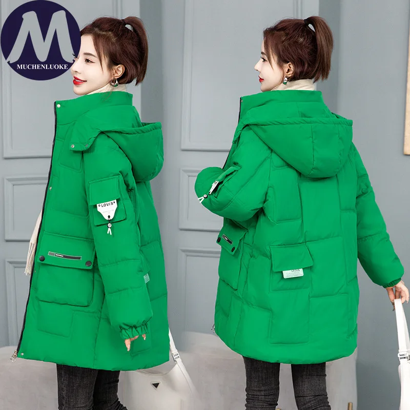 سترة شتوية نسائية أنيقة 2025 بأكمام طويلة مع قلنسوة سميكة ودافئة على الموضة الكورية معطف سترة فضفاض غير رسمي للنساء