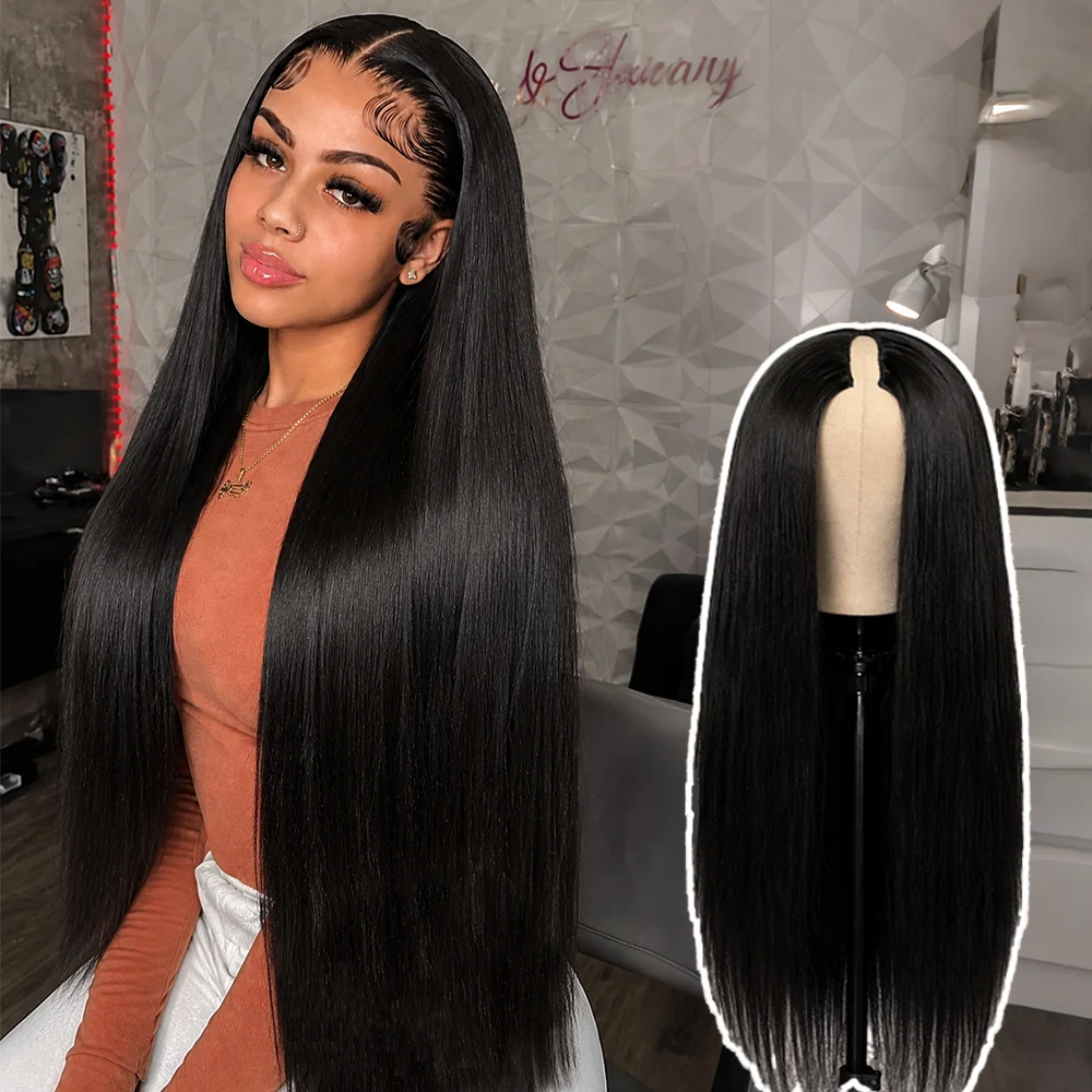 Parrucca con riga a V, capelli naturali, versione migliorata, parrucca di alta qualità con capelli naturali e clip, per donna, 30 pollici, parrucca a metà lunghezza con cordoncino, parrucca a forma di