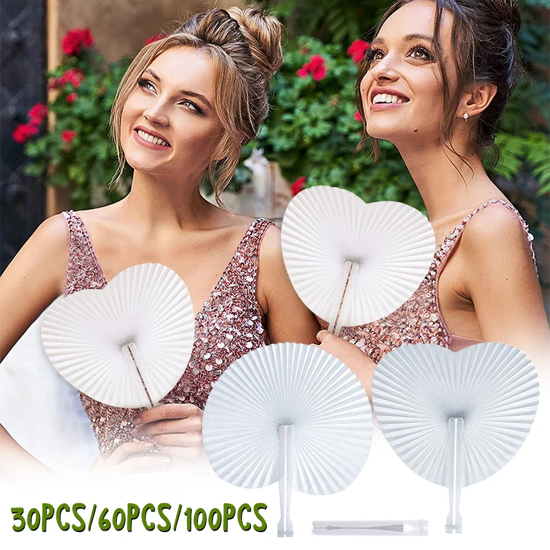 30/60/100pcs White Heart Shape Folding Fan Blank Paper Hand Fans With Plastic Handles DIY Painting Birthday Wedding Party Decor