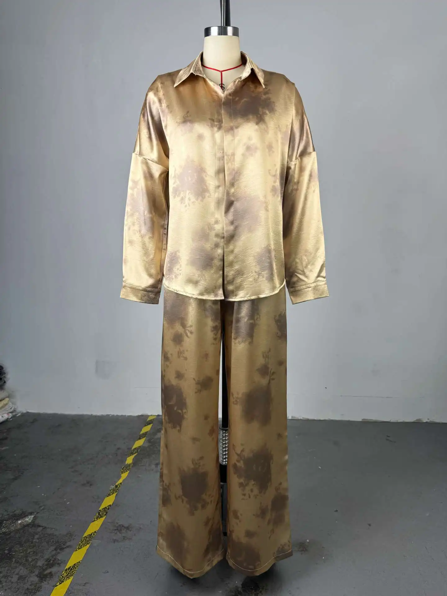 レディースパンツセット3点セット、折り返し襟長袖シャツ、ストラップレスのトップス、ワイドレッグロングパンツ、ハイウエスト、Y2Kストリートウェア