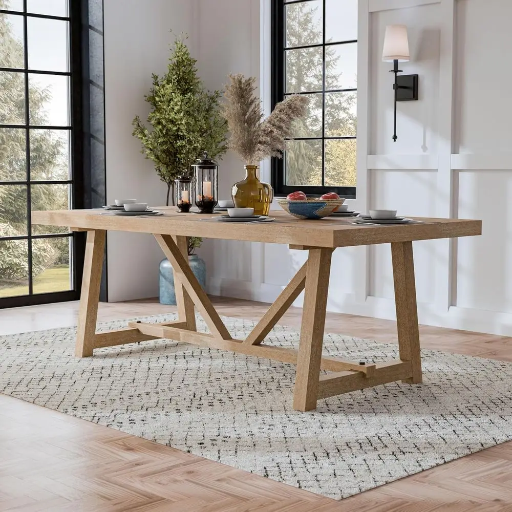 

84 Solid Wood Dining Table with Trestle Base, Seats 8, Natural Oak Finish