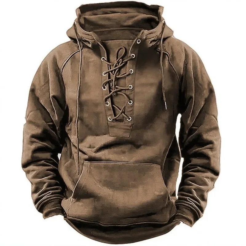 Autumn Fashion Mens Hooded Sweatshirts Lace-up Drawstring Long Sleeve Loose Hoodies Men Streetwear Vintage Solid Color Hoodies