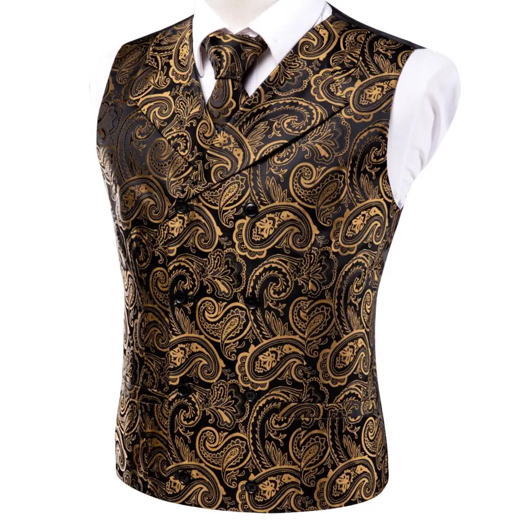 Hi-Tie Gold Black Paisley Floral Silk Men Slim Waistcoat Necktie Set For Suit Dress Wedding 4PCS Vest Necktie Hanky Cufflink Set