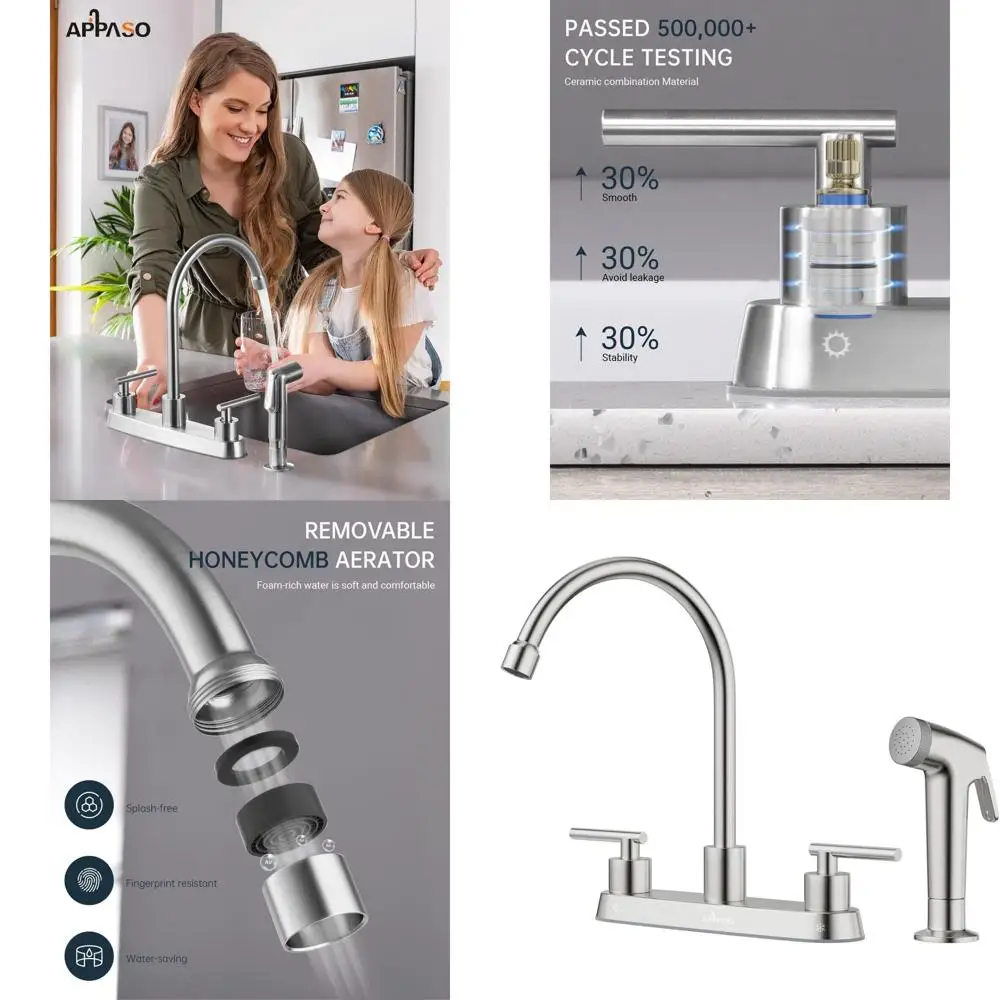 

Pull-Out Spray 2-Handle High Arch Brushed Nickel Stainless Steel Kitchen Faucet for RV, Laundry, and Bar, 8-inch 4-Hole Mount