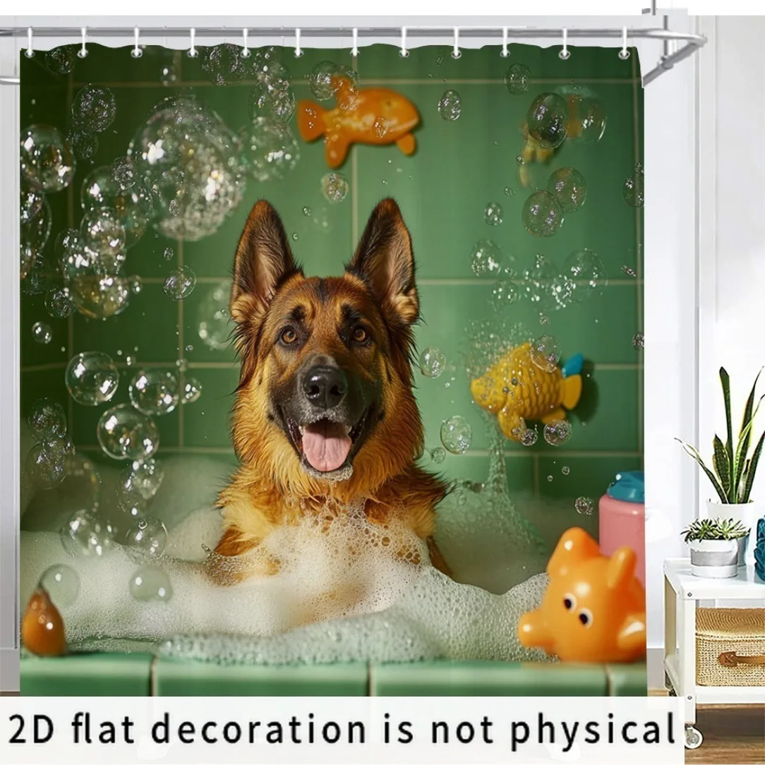 2D Flat, 2D Flat Shower Curtain 1pc German Shepherd Shower Curtain - Playful Bubble Bath with Colorful Tile Design, Durable Fabr