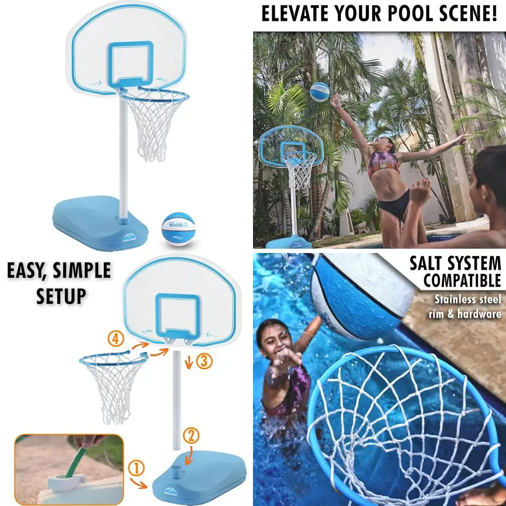 Juego de aro de baloncesto para piscina al aire libre de altura ajustable con llanta de acero inoxidable y pelota incluida, diseño azul claro