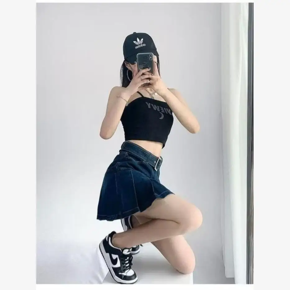 

Korean Sle High Waist Denim Skirt Women's Bodycon Pleated ort Skirts with Lace Trim A-Line Silhouette Summer Faion