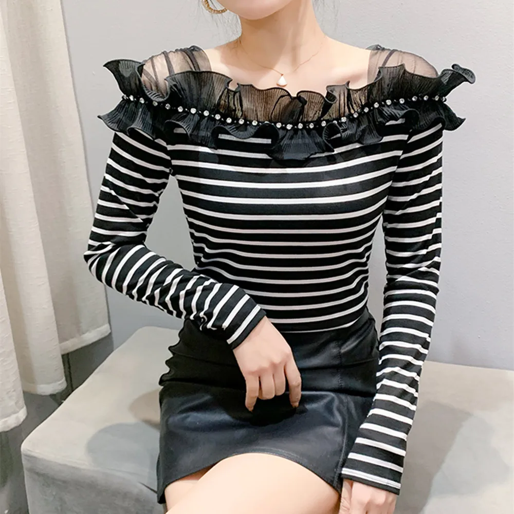 

New 2025 Spring Long Sleeved Square Collar Women T-Shirt Elegant Slim Beaded Striped Tops M-3XL Black Clothes