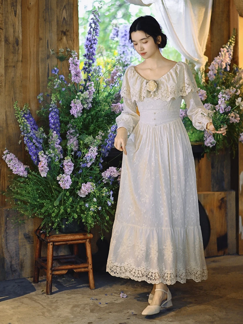 TIYIHAILEY Abito da donna in cotone primavera autunno con fodera a maniche lunghe lungo maxi da donna taglia S-XL fiori ricamati vintage da donna