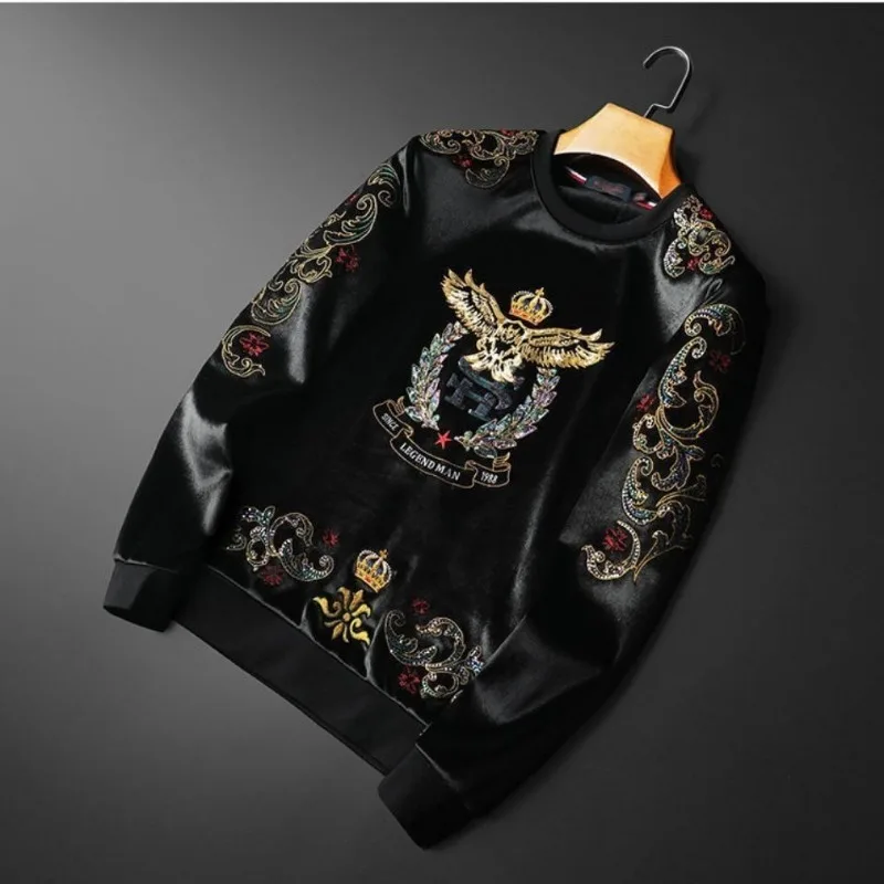 Men's Clothing Winter fleece-lined Thickened Round Neck Casual suit Embroidery Crown Eagle Print Two-piece Set