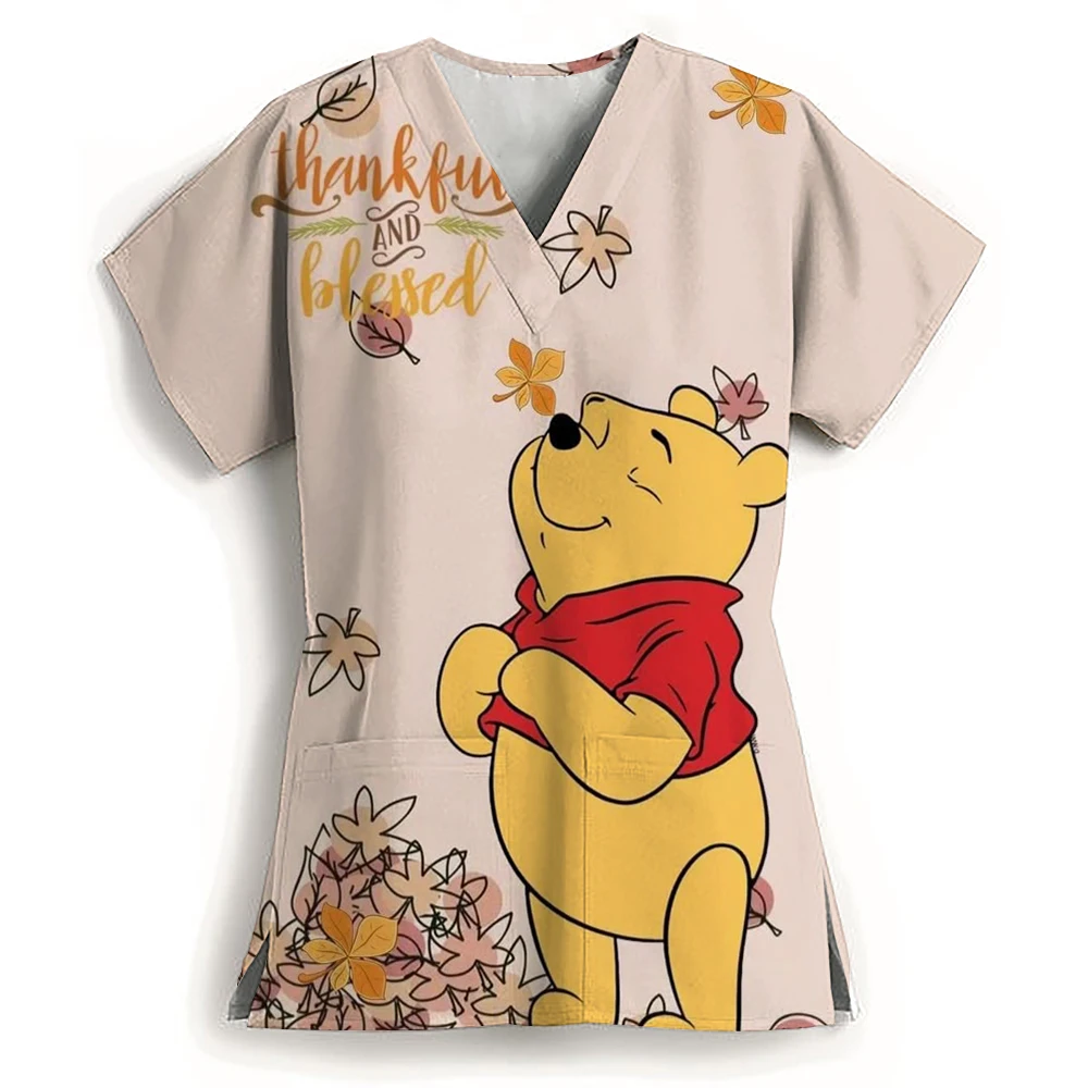 Senhoras enfermeira uniforme com decote em v workwear disney winnie the pooh uniforme de trabalho mulher casual clínica médica blusa de enfermagem camisas