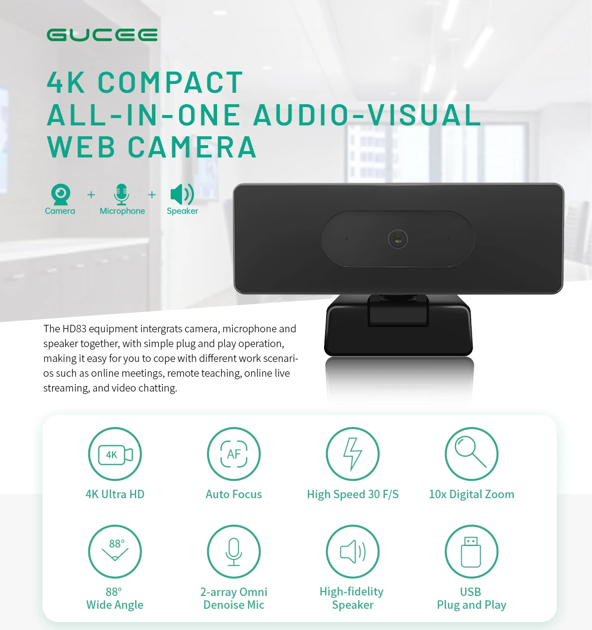 

4K UHD 12MP 10X Zoom USB Webcam WDR HDR Video Digital Camera For PC Laptop Online Teaching Video Conference Web Cam
