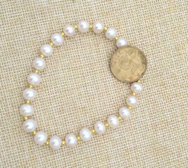 

Genuine Japanese Akoya Round 6-7mm White Pearl Bracelet 7.5-8" 14k Gold P