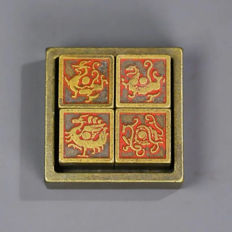Antique Gilt Four Guardians Seals Four Mythical Celestial Creatures Square Stamp Chinese Calligraphy Seal Desktop Decor