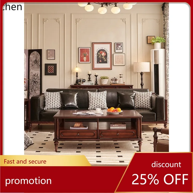 CZ Solid Wood Sofa Living Room Retro Four-Seater Straight Row Top Layer Sofa Furniture