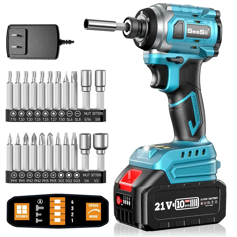 

Seesii-QH220 Cordless Electric Screwdriver 1/4'' Brushless Electric Drill 220Nm Impact Driver Kit for Makita 21V Power Tool Set