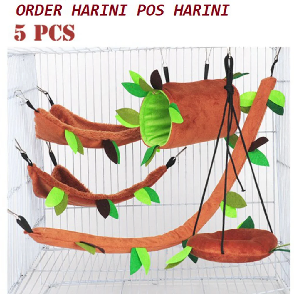 Hanging Cage Acessórios Set for Hamster, Sugar Glider, Folha, Madeira Design, Pequeno Animal, Rede, Canal, Ropeway Swing, 5Pcs