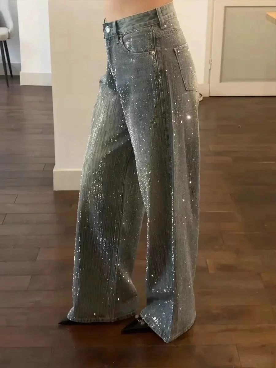 

Retro Glittering Diamond Women's Loose Wide Leg Jeans High Street Sle Heavy Embellied Casual High Waist Blue Denim Pants