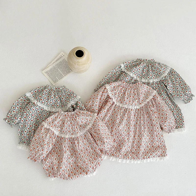 Engepapa Baby Girl Lace Rompers Dress Sister Suit Kids Clothes Girls Long Sleeves Floral Dress Girls Spring Autumn Baby Dress