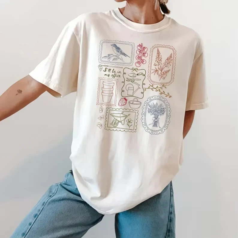 Country Style Print T-Shirt Women’s Casual Crew Neck Short Sleeve Tee Vintage Botanical Bird Garden Tools Print for Daily Wear