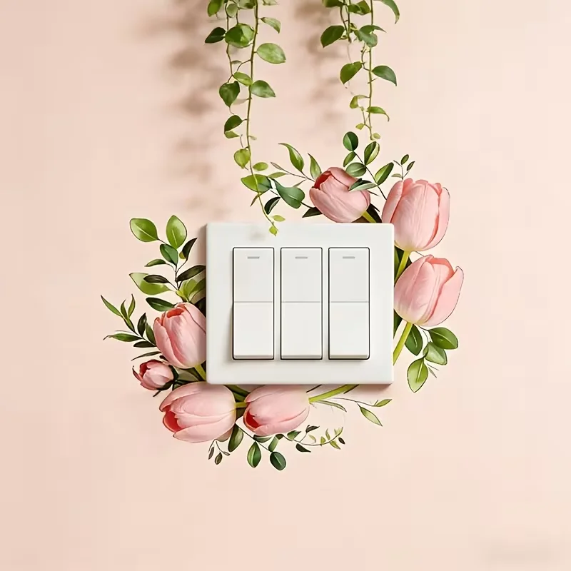 Soft pink tulip light switch decoration, flower peels and wall stickers, detachable home decoration for bathroom and kitchen
