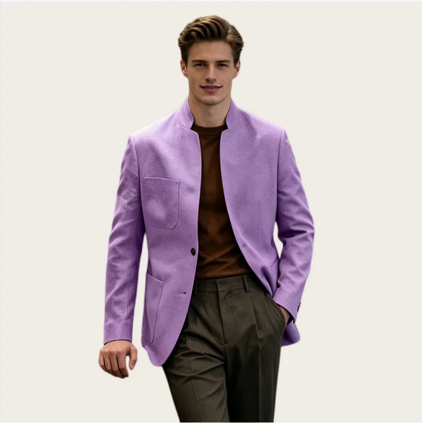 Men's Suit Linen Blend Blazer Stand Collar Slim Fit 2 Button Breathable Lightweight Soft Summer Casual Jacket for Business Party