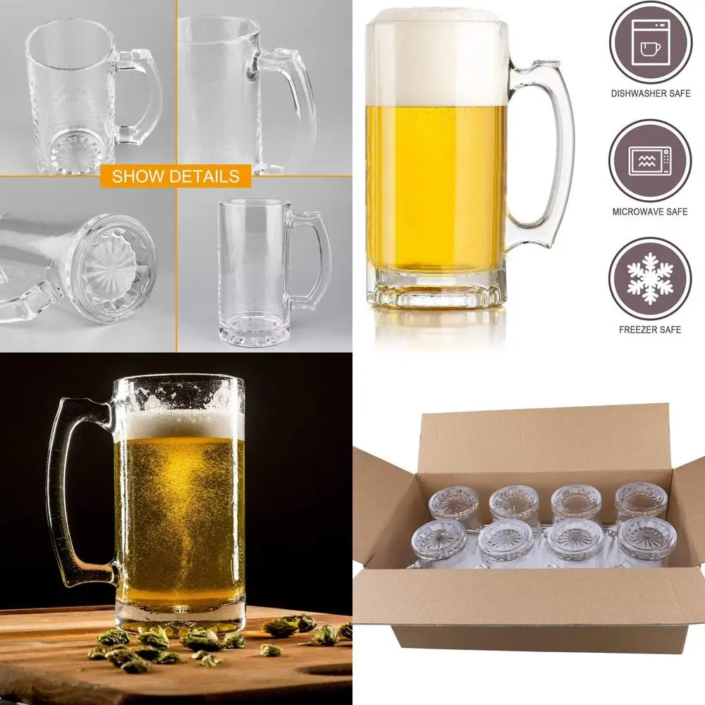 

Set of 8, 16oz Handled Glass Mugs, 500ml Drinking Glasses, Pub and Bar Beverage Cups for Water, Alcohol