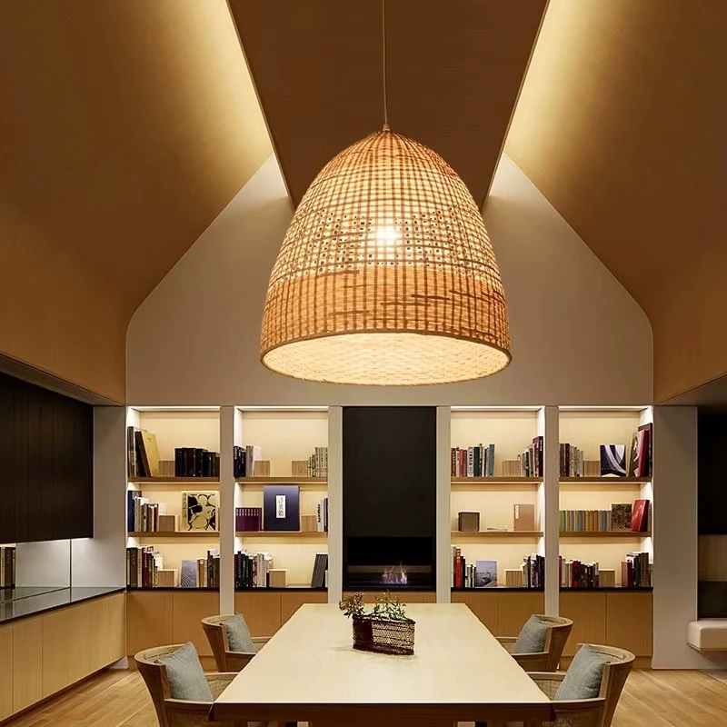 

Natural Material Cage Woven Handmade Restaurant Home Decor Bamboo Rattan Pendant Hanging Lamp Eco Friendly Lamp Handcraft