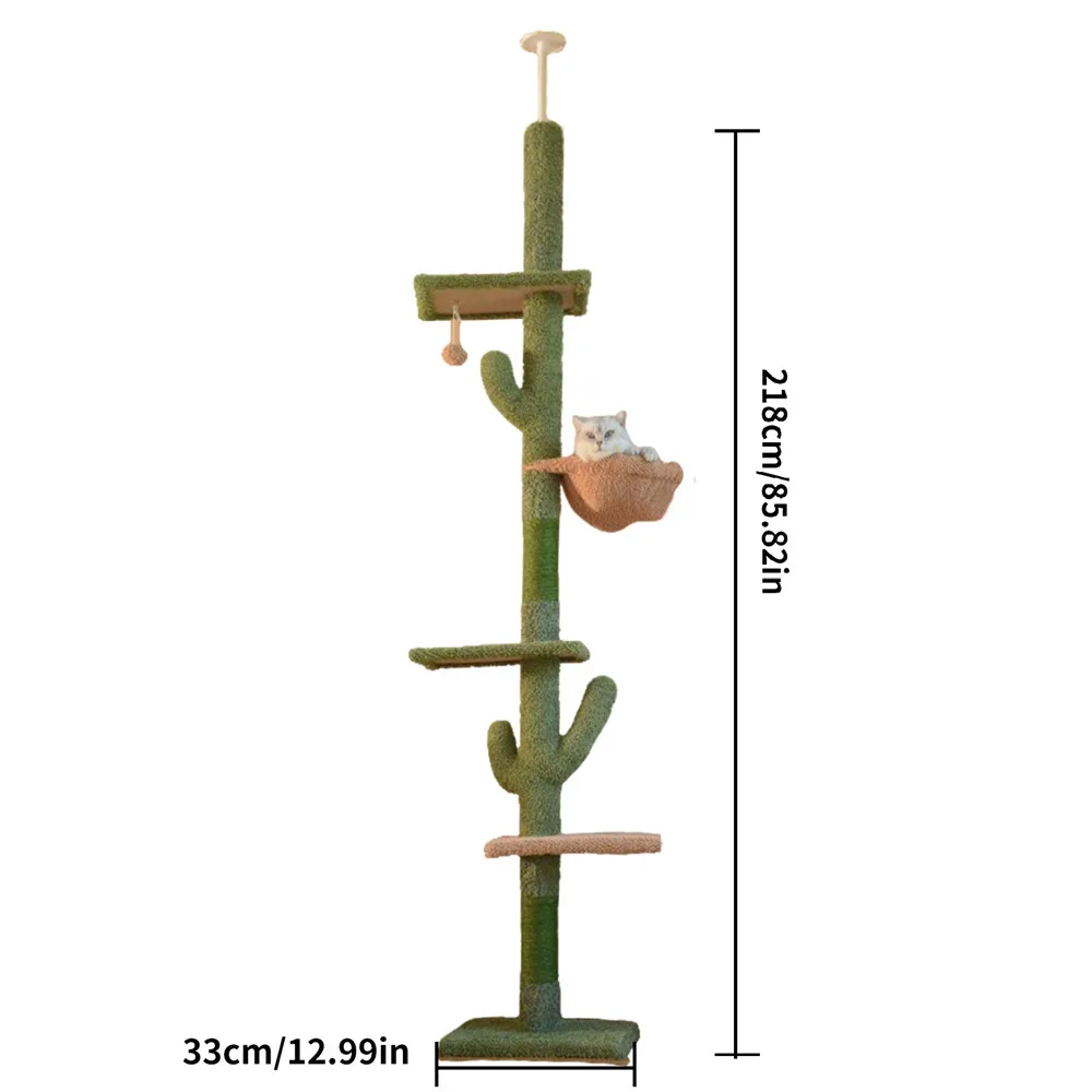 Katzenbaum 5-stufiger Boden- bis Decken-Katzenturm in Kaktusform mit gemütlicher Hängematte, Sisal-Kratzstämmen, hängendem Ball und verstellbarer Höhe, Katzenzubehör für Hauskatzen