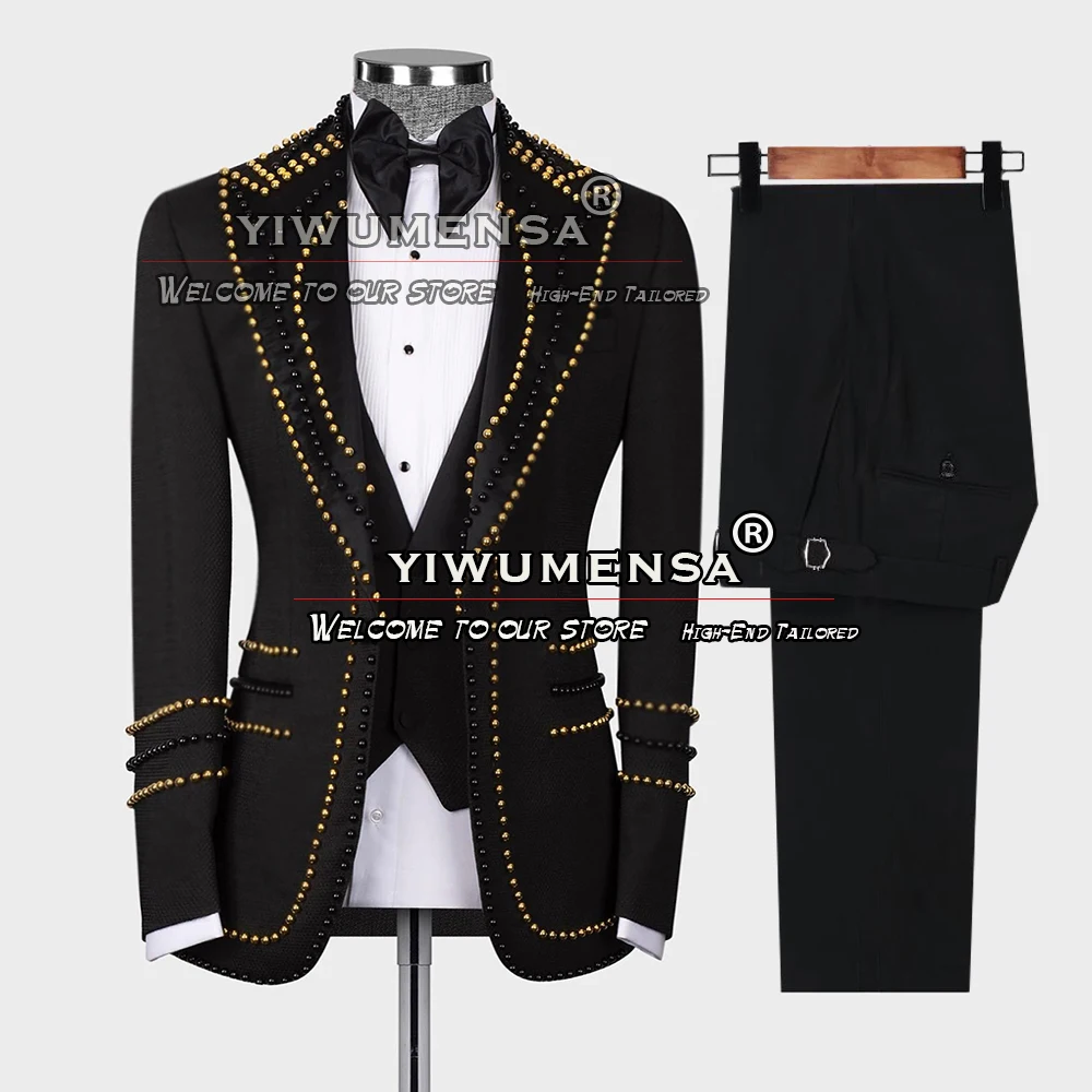 Luxury Groom Suit For Wedding Gold/Black Peals Man Blazer 3 Pieces Banquet Party Tuxedo Plus Size Formal Business Man Clothing