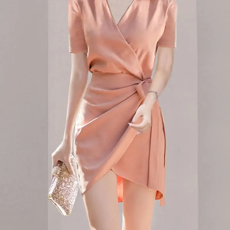 2024 Summer V Neck Shirt Dress for Women Elegant Slim Fit Tie Waist Short Sleeve Office Lady Style Fashionable OL Outfit Trendy