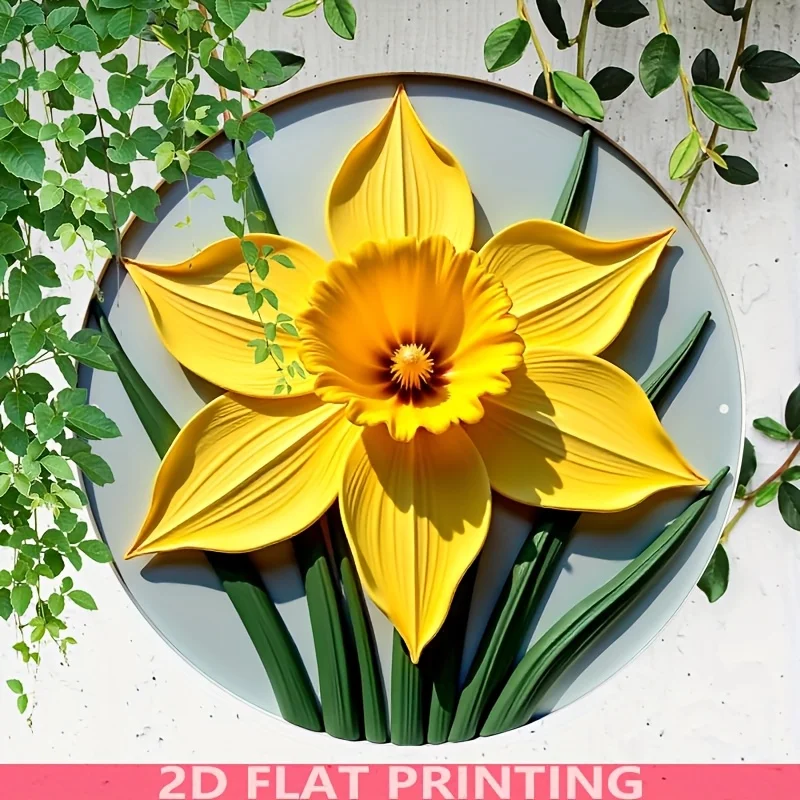 2D Flat - 2D Plane, 1pc of Vintage Floral Metal Wall Decor - Farmhouse Decor with Bright Yellow Daffodils, Heavy-Duty Iron Const