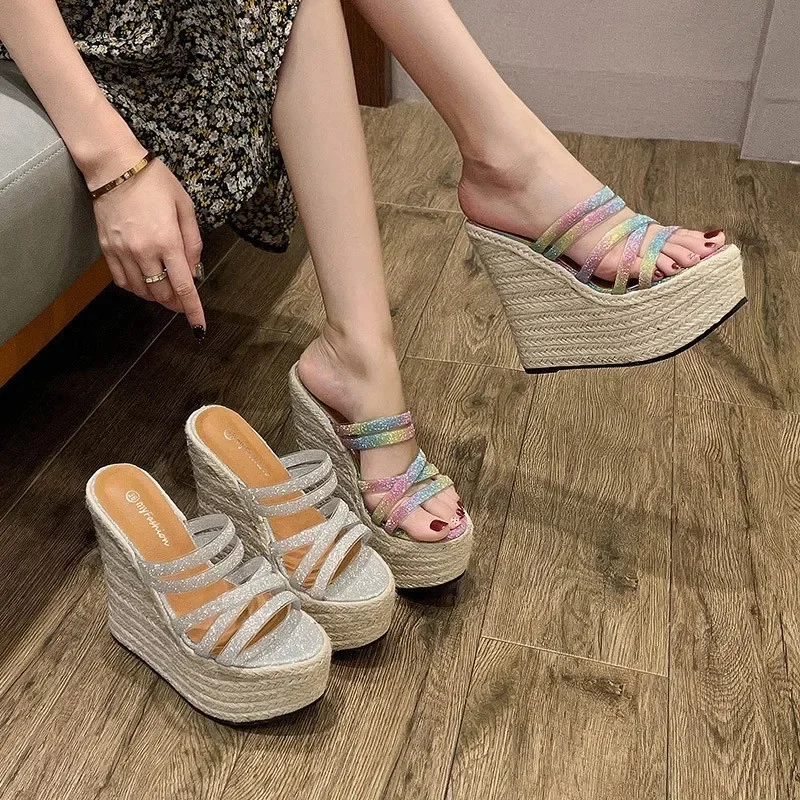 TIMETANGNew Women Pumps Sequin Design Extreme High Heels Casual Wedges Slippers Ladies Braided Hemp Rope Beach Sandals Platform