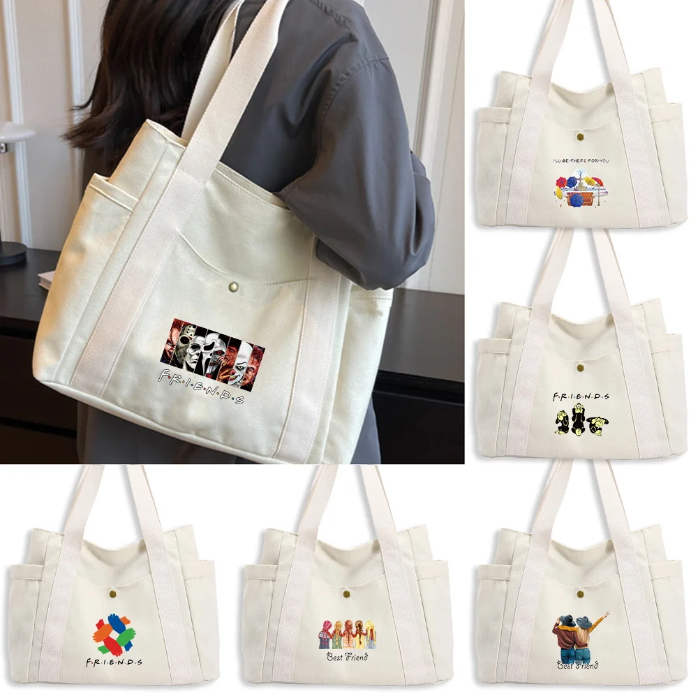 

Friends Series Stylish Canvas Bag Large Capacity Shopping Bags Single Shoulder Canvas Bag Commuting Daily Grocery Shopping Bag