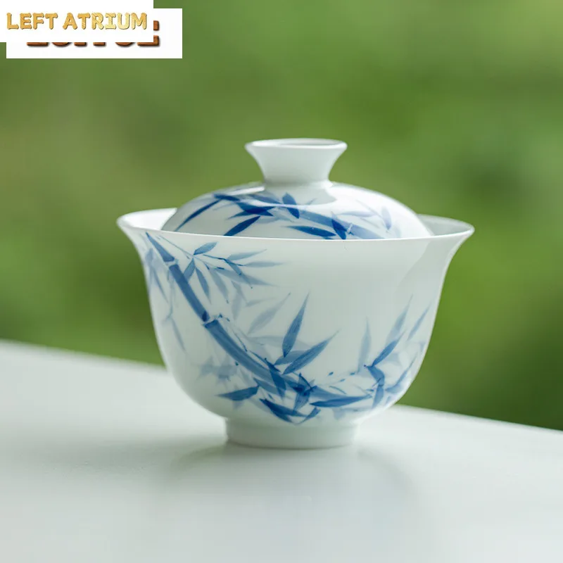 

130ml Hand-painted Bamboo Blue And White Gaiwan Antique Tea Tureen Tea Bowl With Lid Kit Tea Maker Cover Bowl Teaset Ornaments