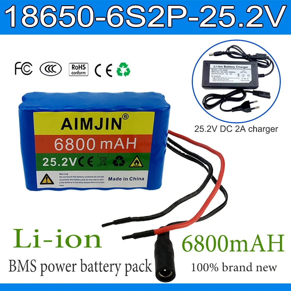 

25.2V 6800mAh large capacity 18650 lithium battery 6S2P built-in BMS power battery pack With charger